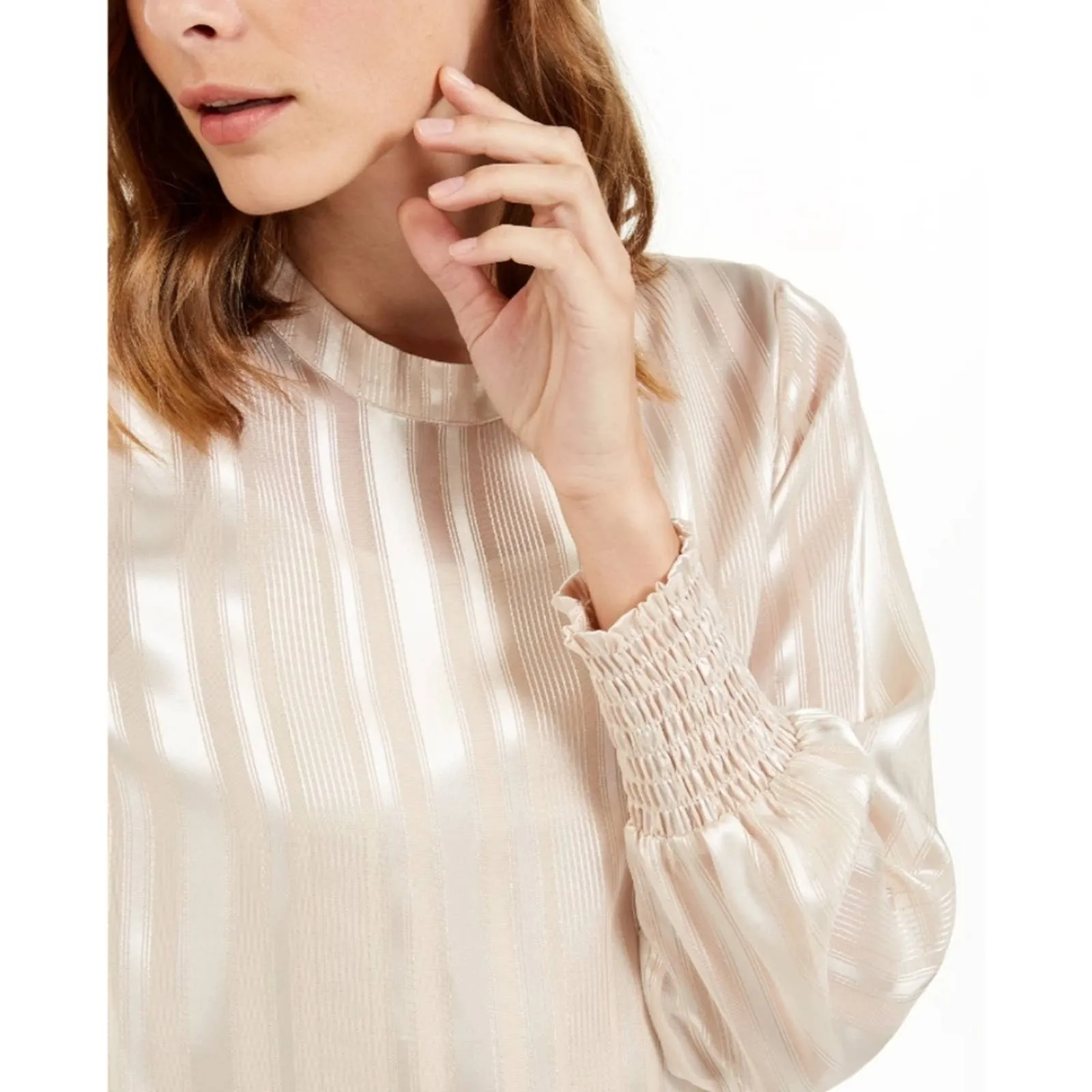 Alfani Mock Neck Smocked Cuff Top Petite Small Champagne