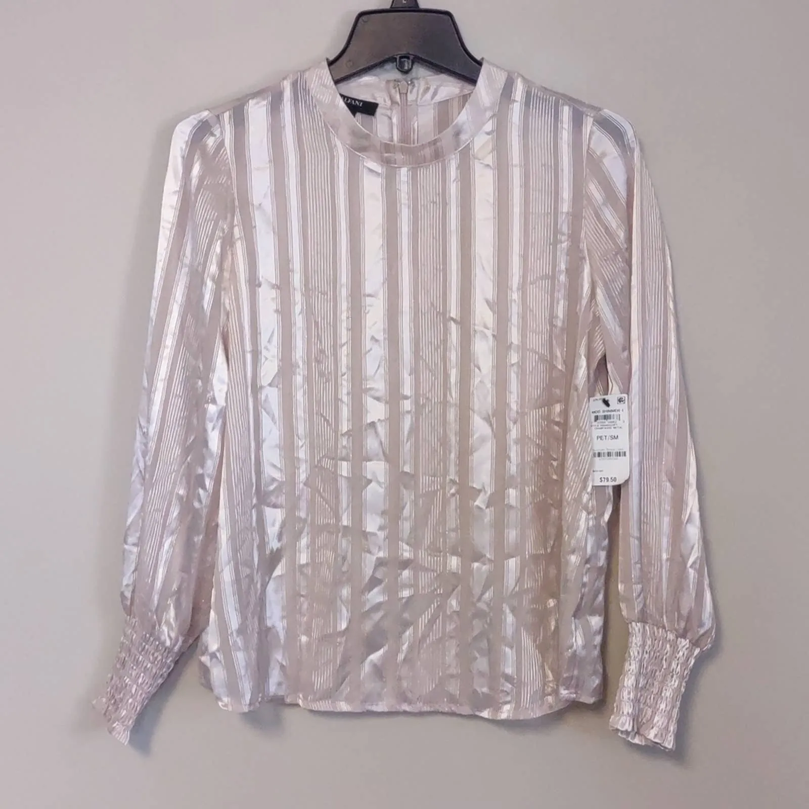 Alfani Mock Neck Smocked Cuff Top Petite Small Champagne