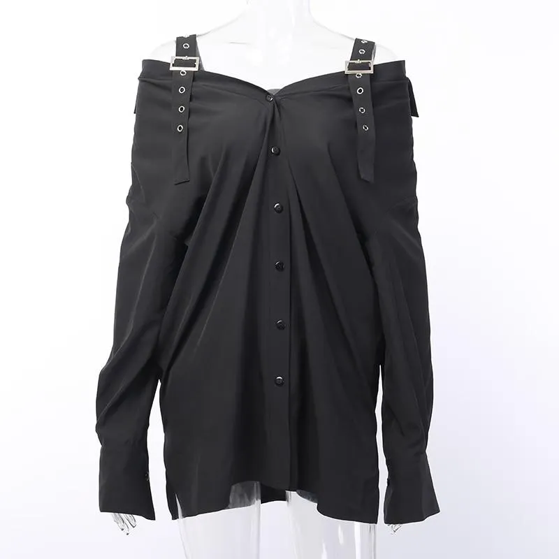 'Damnation' Black Alt Grunge Belted Shirt Dress