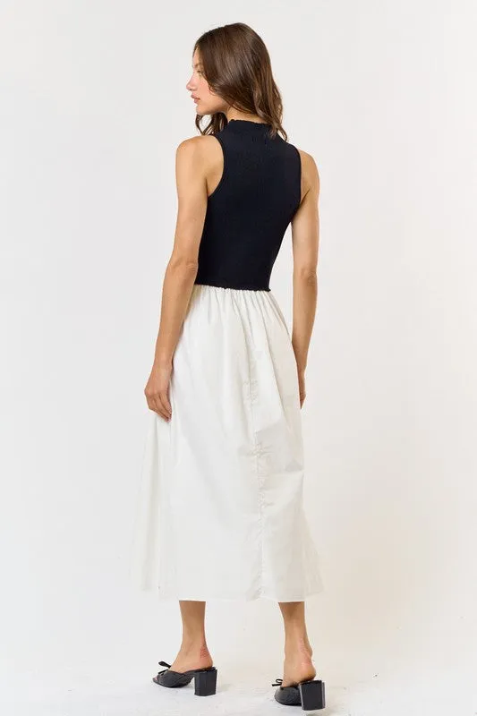 Knit Poplin Contrast Midi Dress