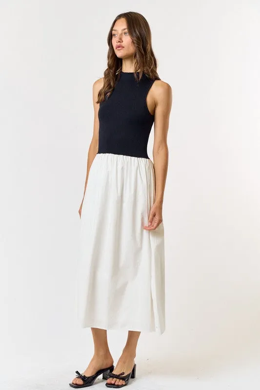 Knit Poplin Contrast Midi Dress
